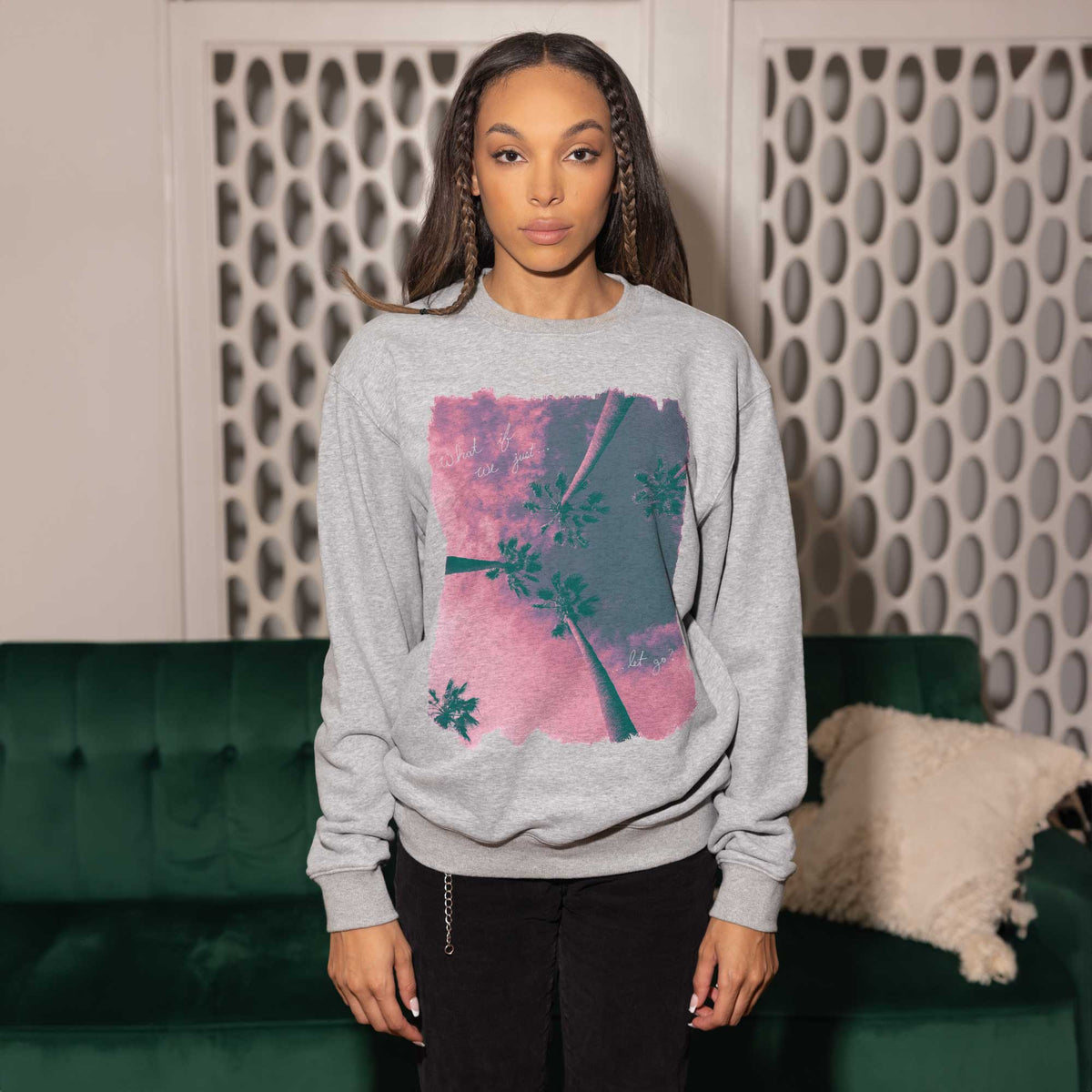 Let Go Sunrise Palm Trees Heather Grey Crewneck