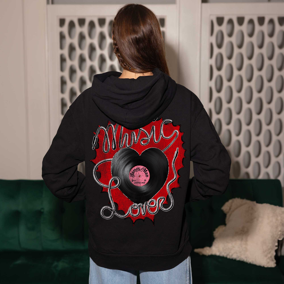 Music Lover Black Oversized Hooded Sweatshirt