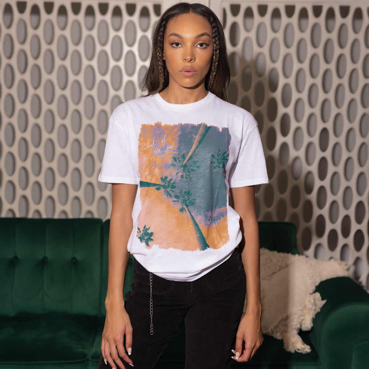 Let Go Sun Glow Palm Trees White Oversized Tee